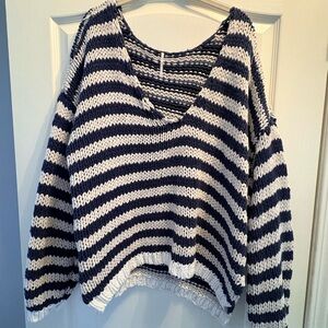Free People Navy and White V-Neck Sweater